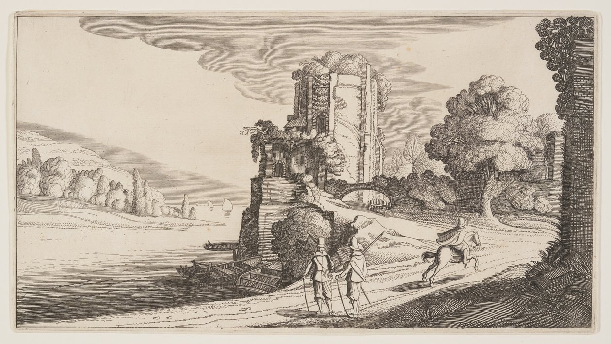 Kulatá věž na řece, z knihy Krajiny (Playsante Lantschappen) od Claes Jansz. Visscher II