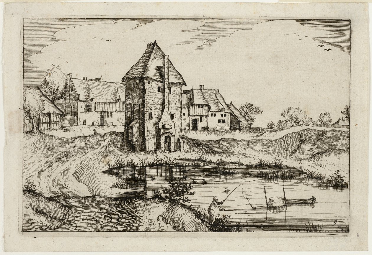 Rybník, deska devět podle Obrázků statků, venkovských domů a vesnic (Praediorum villarum et rusticarum casularum icones) od Claes Jansz. Visscher II