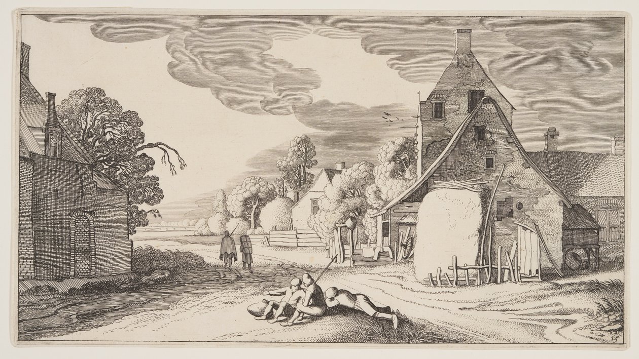 Tři rolníci odpočívající na rozcestí ve vesnici, z knihy Krajiny (Playsante Lantschappen) od Claes Jansz. Visscher II