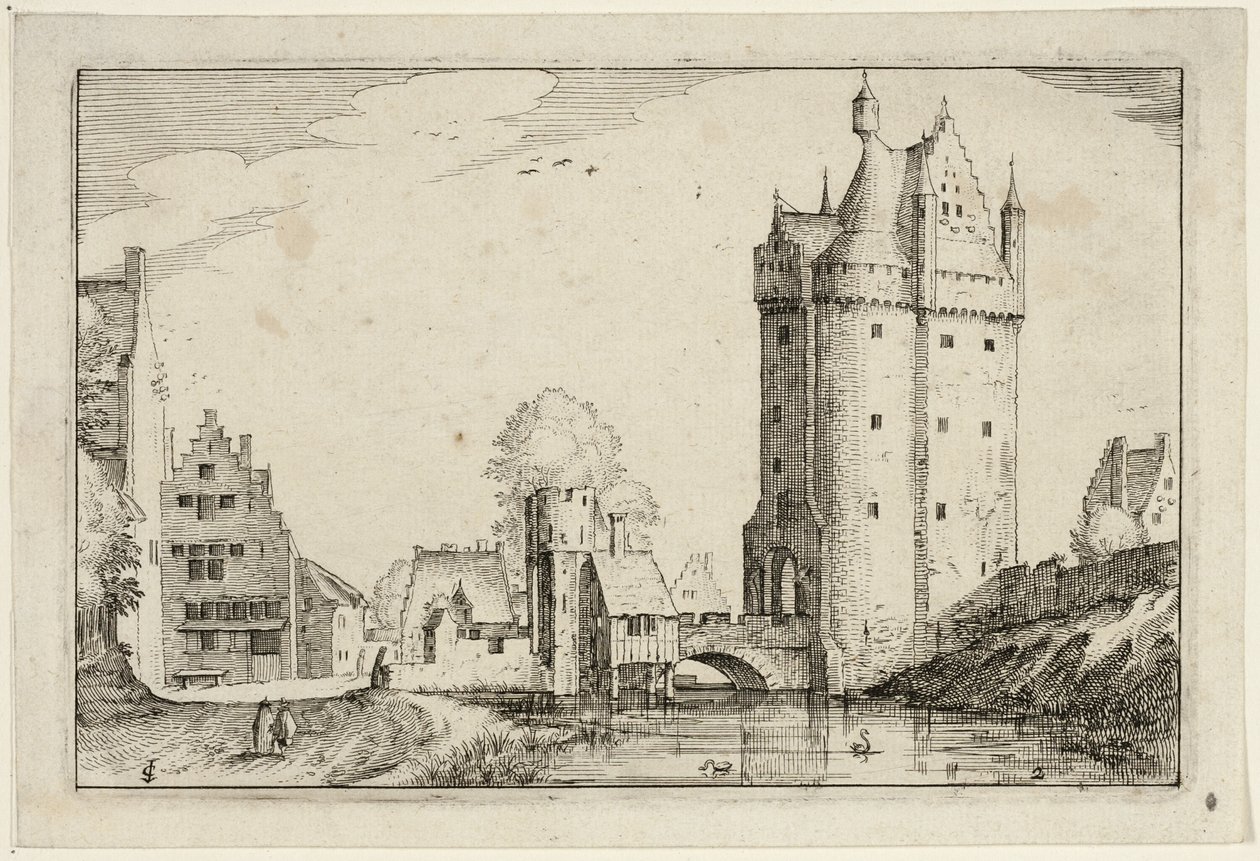 Městská brána, deska druhá podle Obrázků statků, venkovských domů a rustikálních vesnic (Praediorum villarum et rusticarum casularum icones) od Claes Jansz. Visscher II