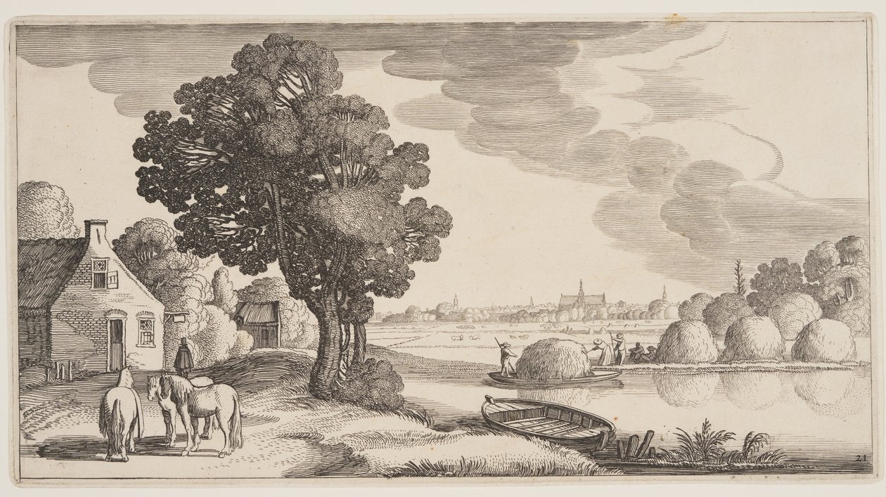 Přeprava sena na řece, z knihy Krajiny (Playsante Lantschappen) od Claes Jansz. Visscher II