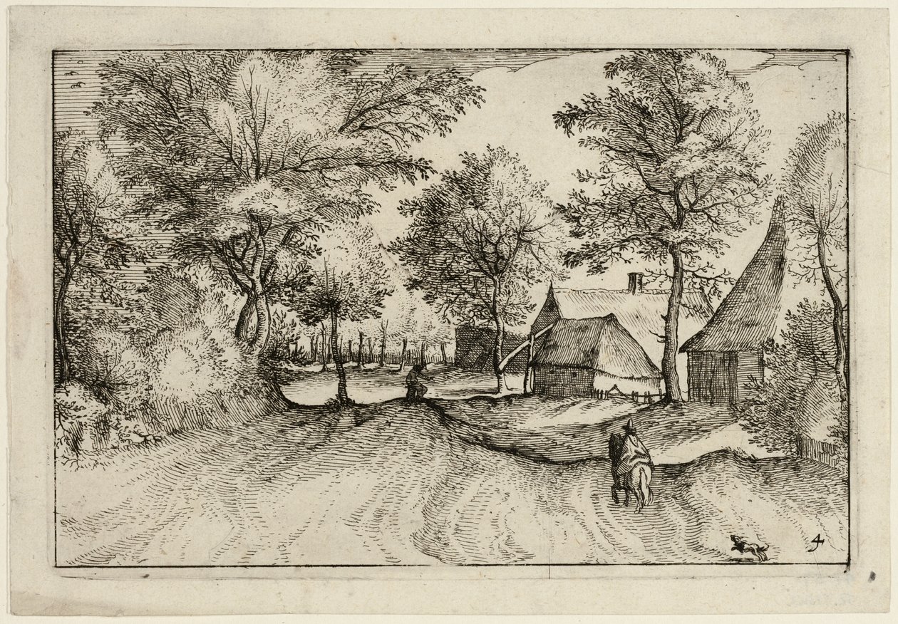 Venkovská cesta, deska čtvrtá podle Obrázky statků, venkovských domů a vesnic (Praediorum villarum et rusticarum casularum icones) od Claes Jansz. Visscher II