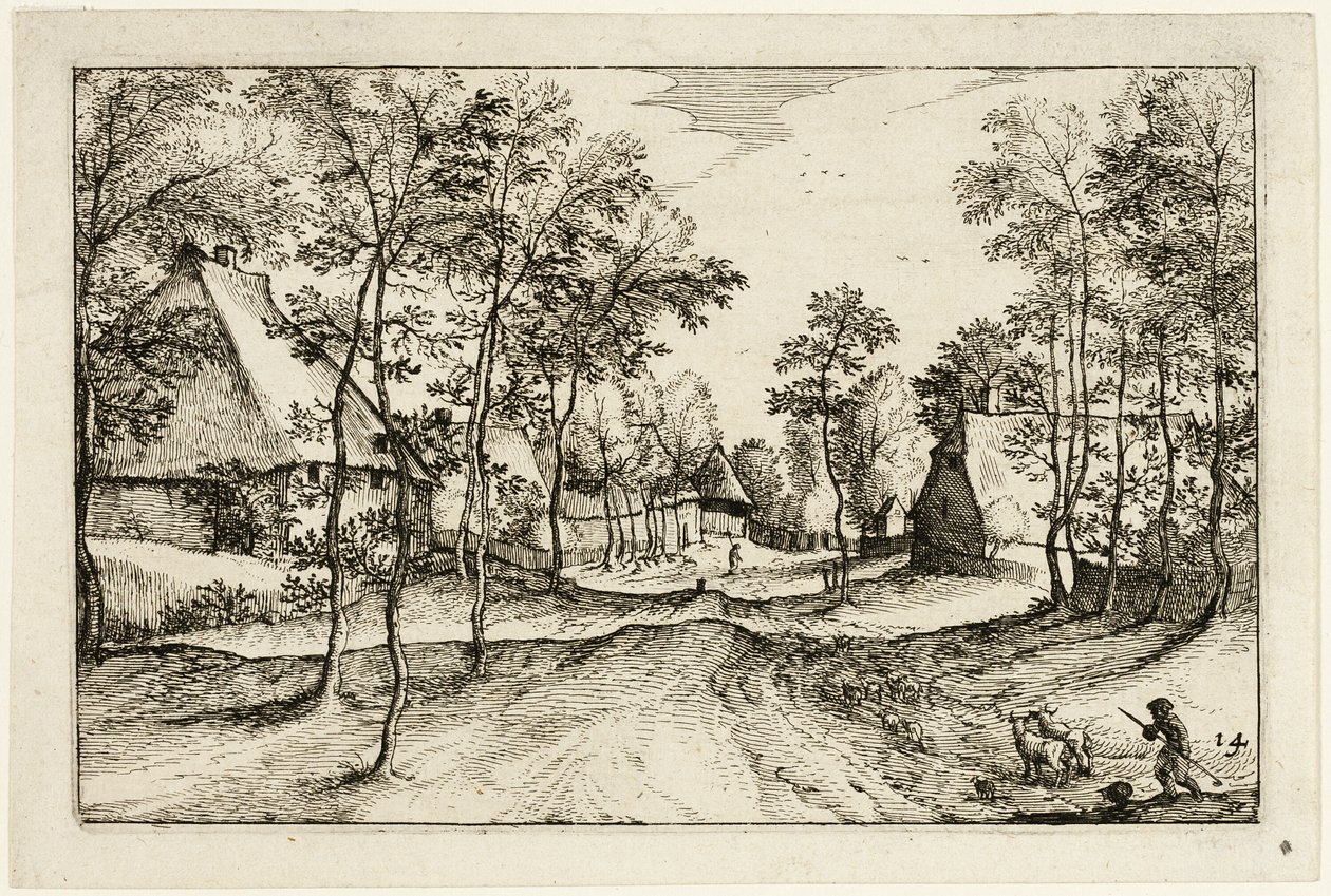Venkovská cesta, deska čtrnáct podle Obrázky statků, venkovských domů a vesnic (Praediorum villarum et rusticarum casularum icones) od Claes Jansz. Visscher II