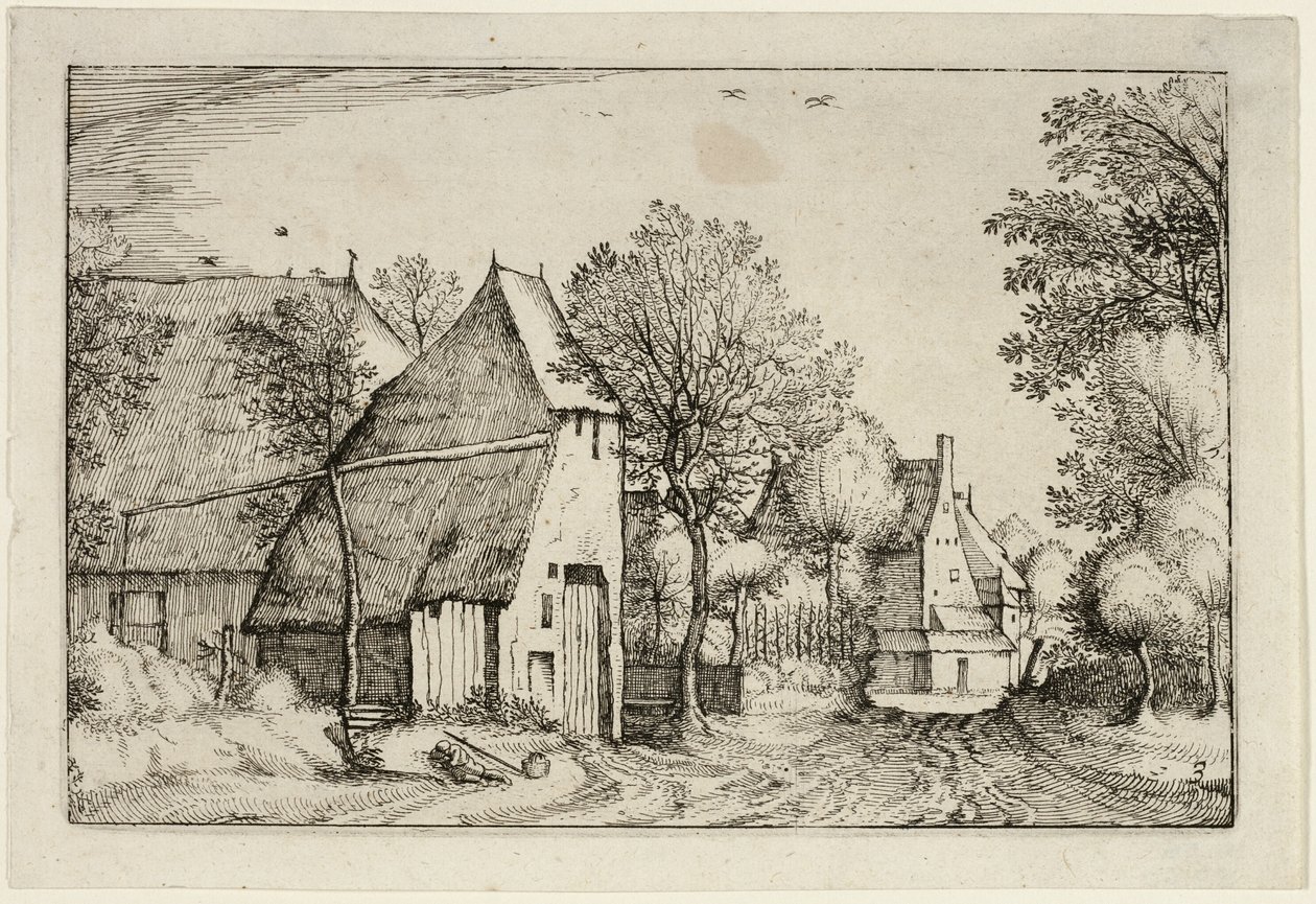 Venkovská cesta, deska třetí podle Obrázky statků, venkovských domů a vesnic (Praediorum villarum et rusticarum casularum icones) od Claes Jansz. Visscher II