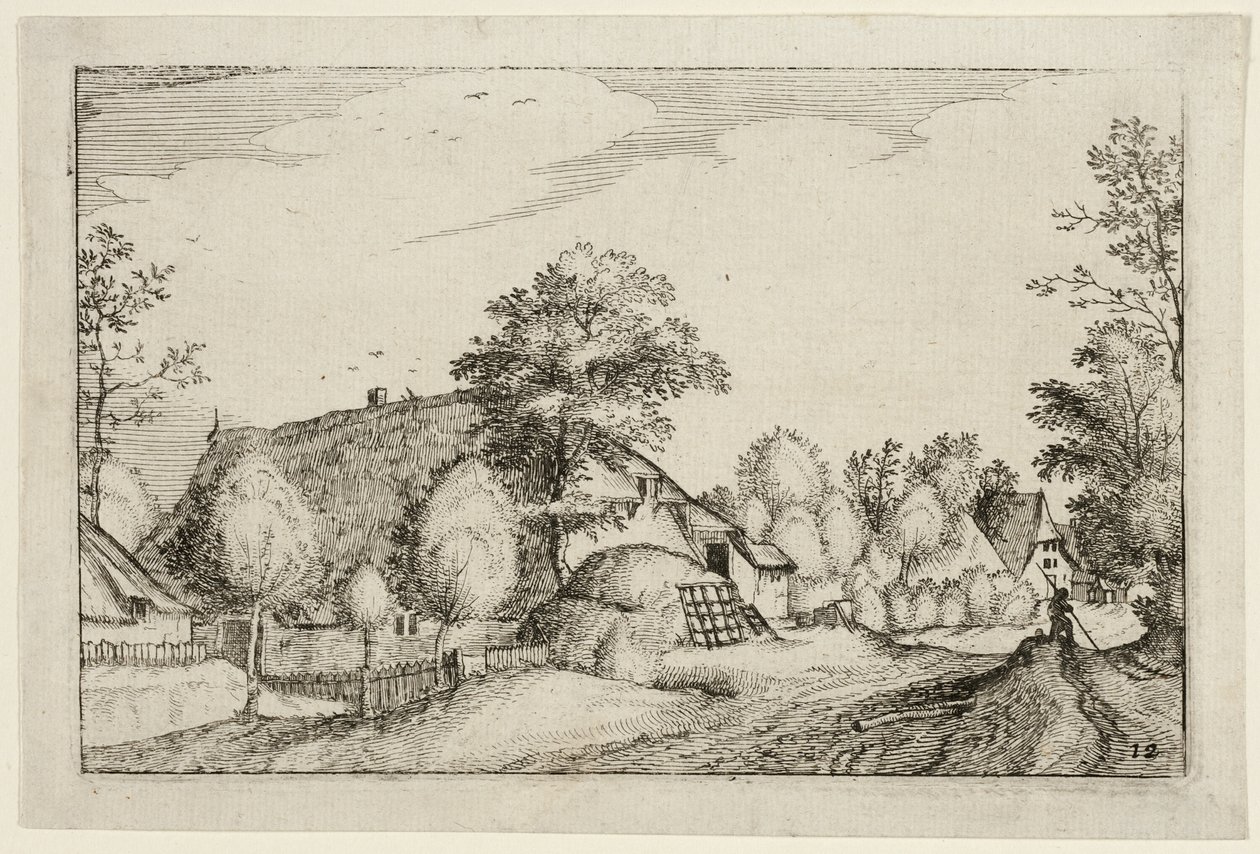Venkovská cesta, deska dvanáct podle Obrázky statků, venkovských domů a vesnic (Praediorum villarum et rusticarum casularum icones) od Claes Jansz. Visscher II