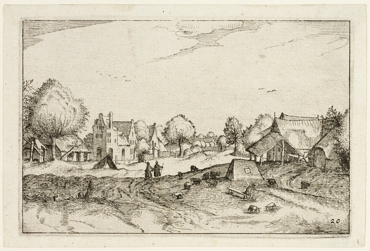 Venkovská cesta, deska dvacet podle obrázků farem, venkovských domů a rustikálních vesnic (Praediorum villarum et rusticarum casularum icones) od Claes Jansz. Visscher II