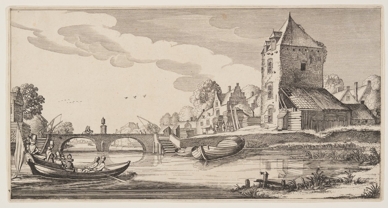 Vesnice na řece, z knihy Krajiny (Playsante Lantschappen) od Claes Jansz. Visscher II