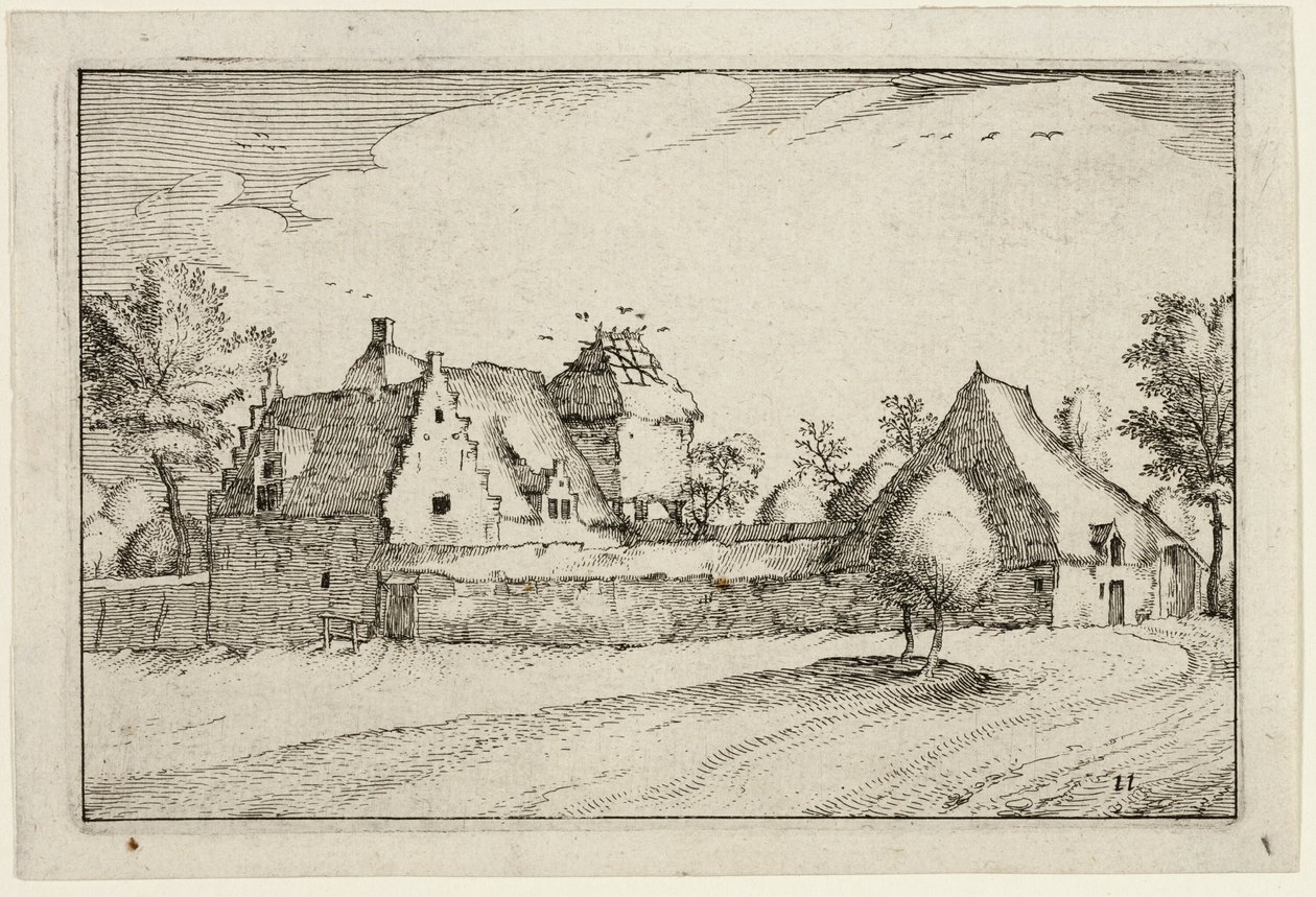 Zděná farma, deska jedenáct podle Obrázků farem, venkovských domů a vesnic (Praediorum villarum et rusticarum casularum icones) od Claes Jansz. Visscher II