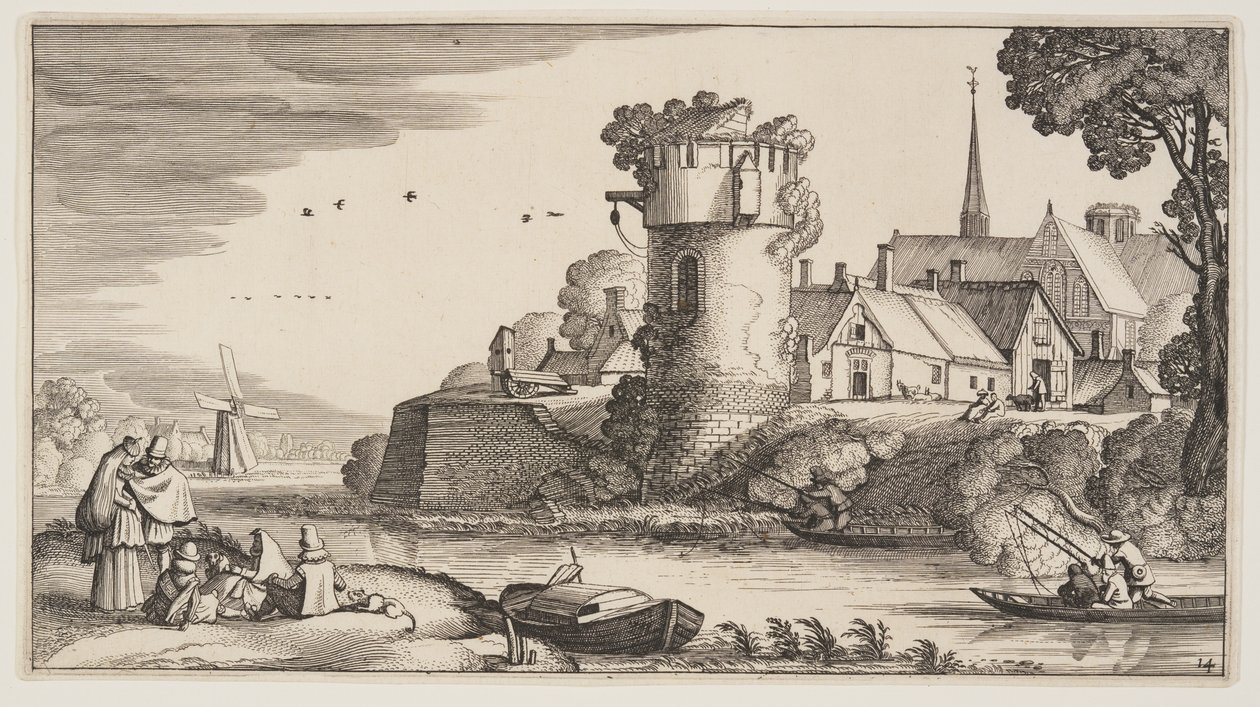 Strážní věž u řeky, z knihy Krajiny (Playsante Lantschappen) od Claes Jansz. Visscher II