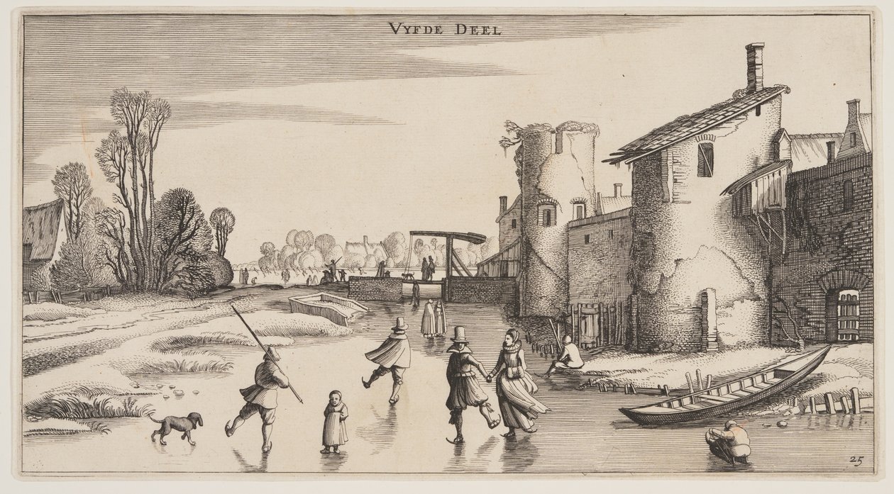 Zimní krajina s bruslaři podél městské zdi, z knihy Krajiny (Playsante Lantschappen) od Claes Jansz. Visscher II