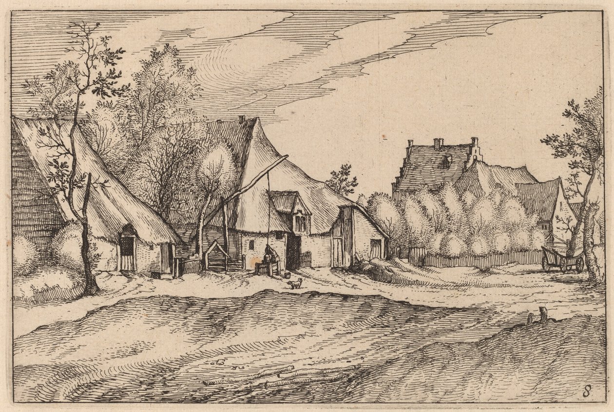 Farmy ve vesnici od Claes Jansz Visscher after Johannes van Doetechum, the Elder after Lucas