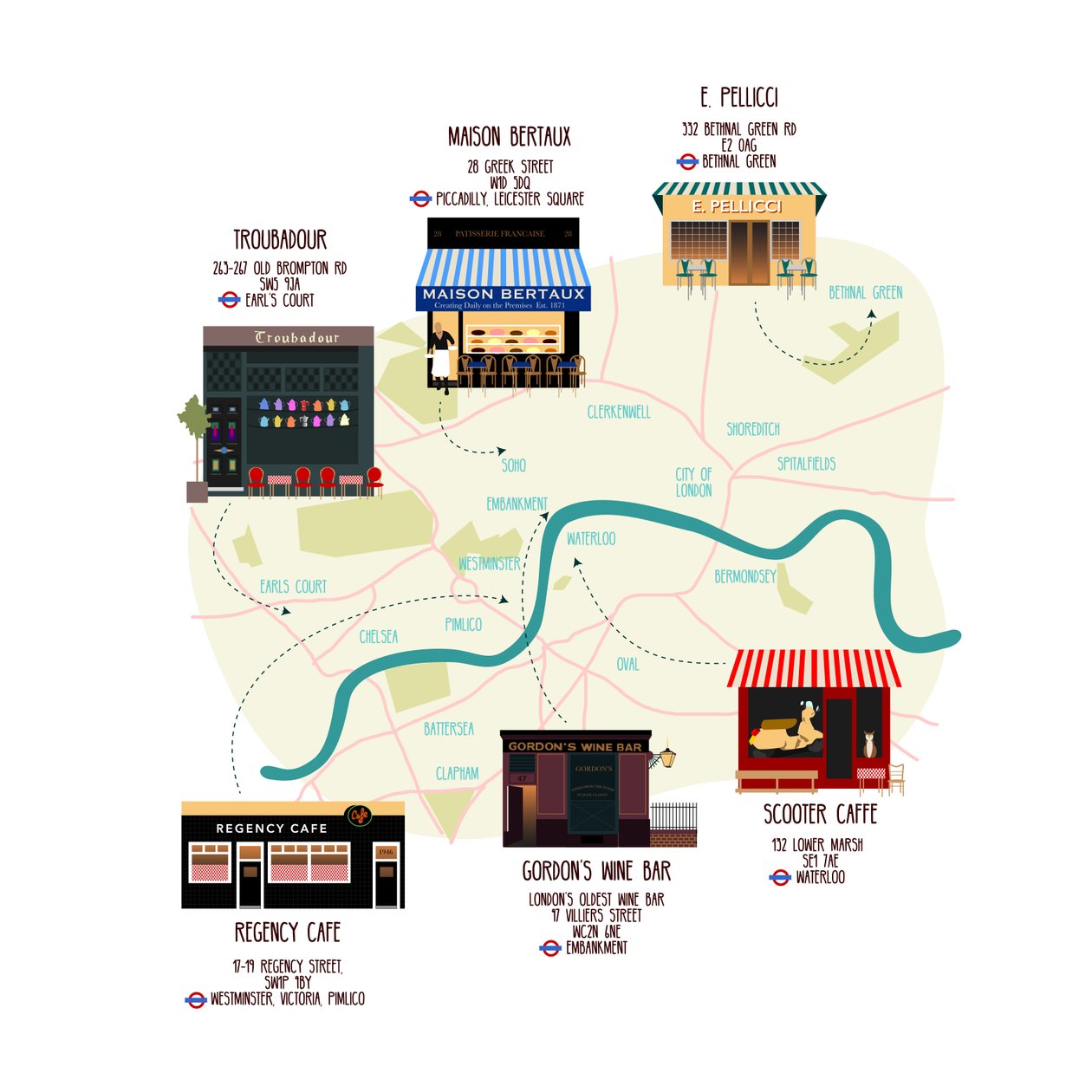 Mapa jedinečných londýnských restaurací a barů od Claire Huntley