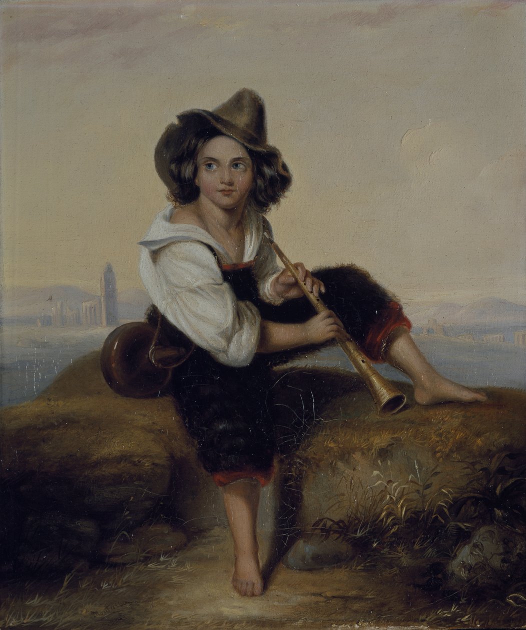Rolnický chlapec s dýmkou, poblíž Flaviova akvaduktu, kolem roku 1844 (olej na plátně) od Clara Montalba