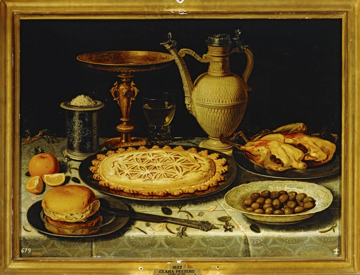 Zátiší - Jídlo s pečeným kuřetem, chlebem a olivami ... od Clara Peeters