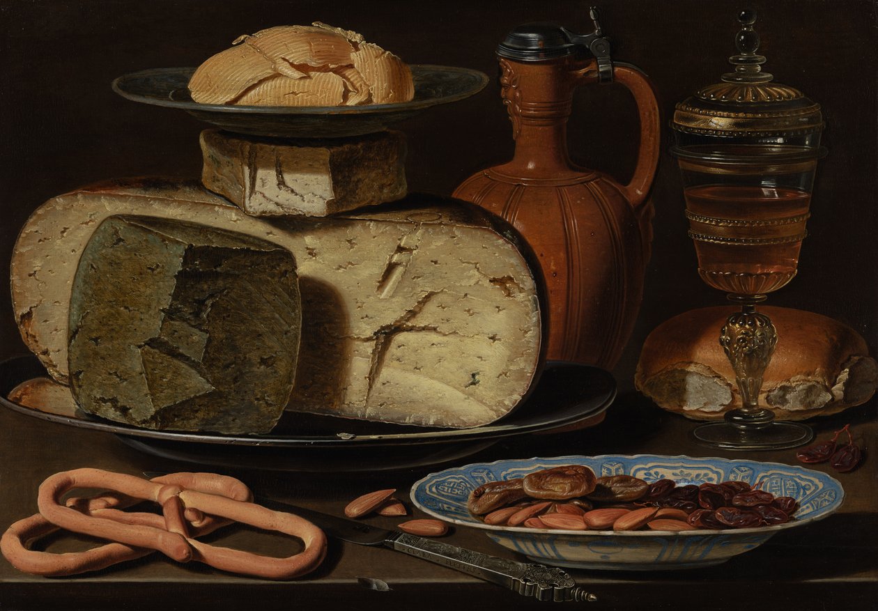Zátiší se sýry, mandlemi a preclíky, c.1615 od Charlotte Evans