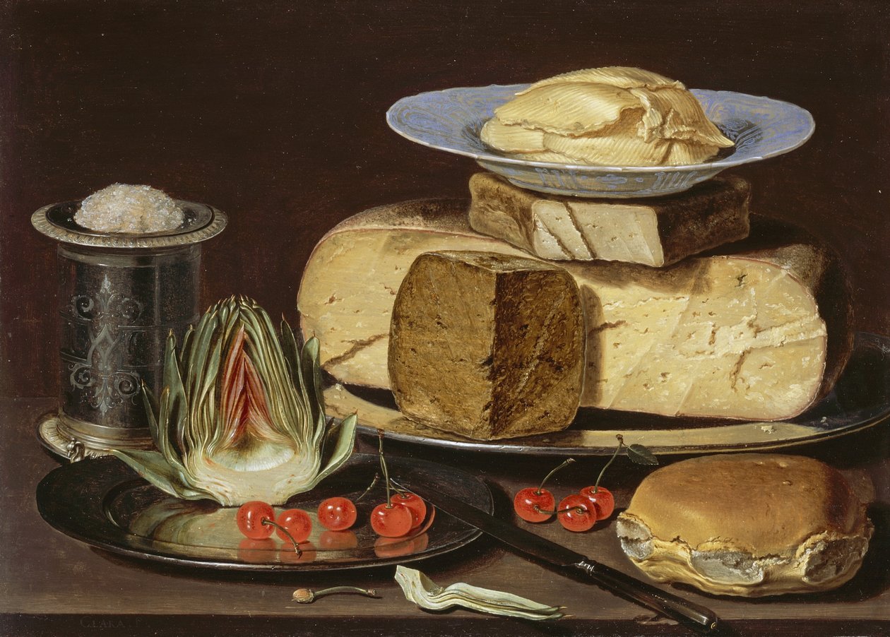 Zátiší se sýry, artyčoky a třešněmi, cca 1625 od Charlotte Evans