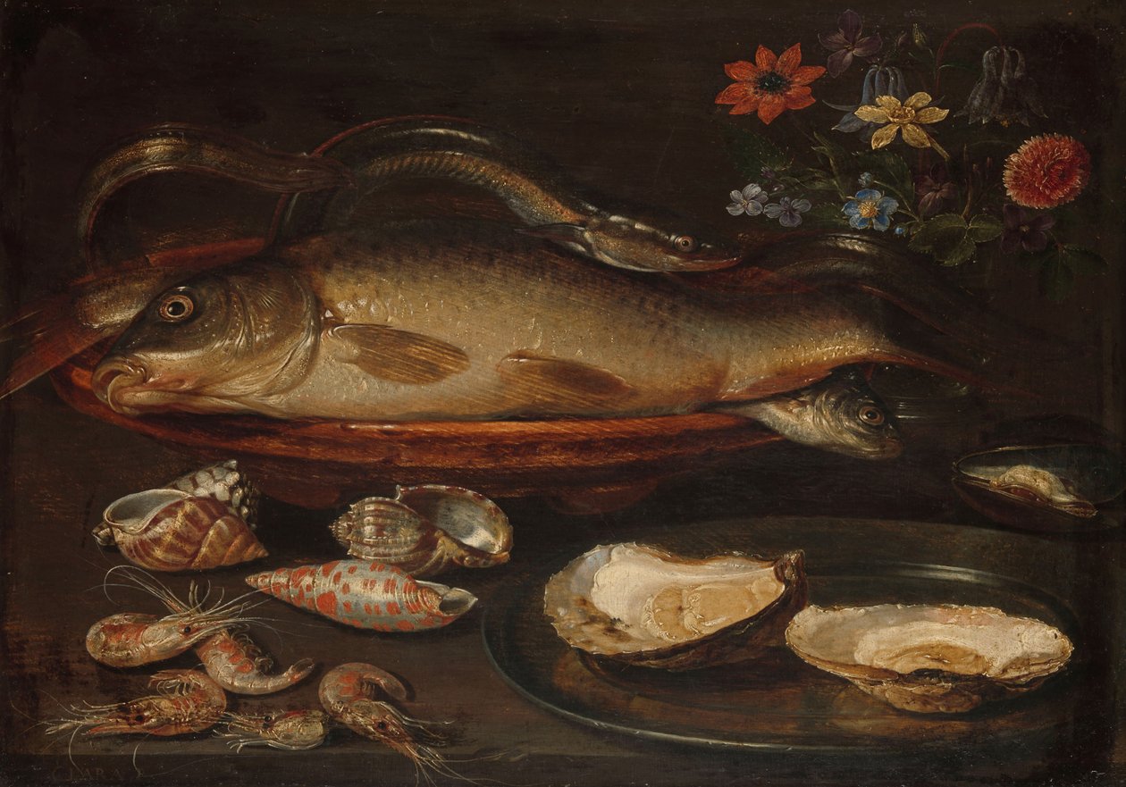 Zátiší s rybami, ústřicemi a krevetami, c.1620-50 od Charlotte Evans