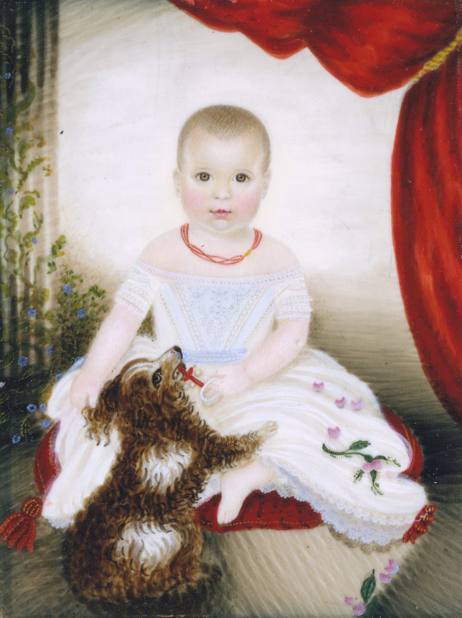 Dítě s chrastítkem a psem, 1842. od Clarissa Peters