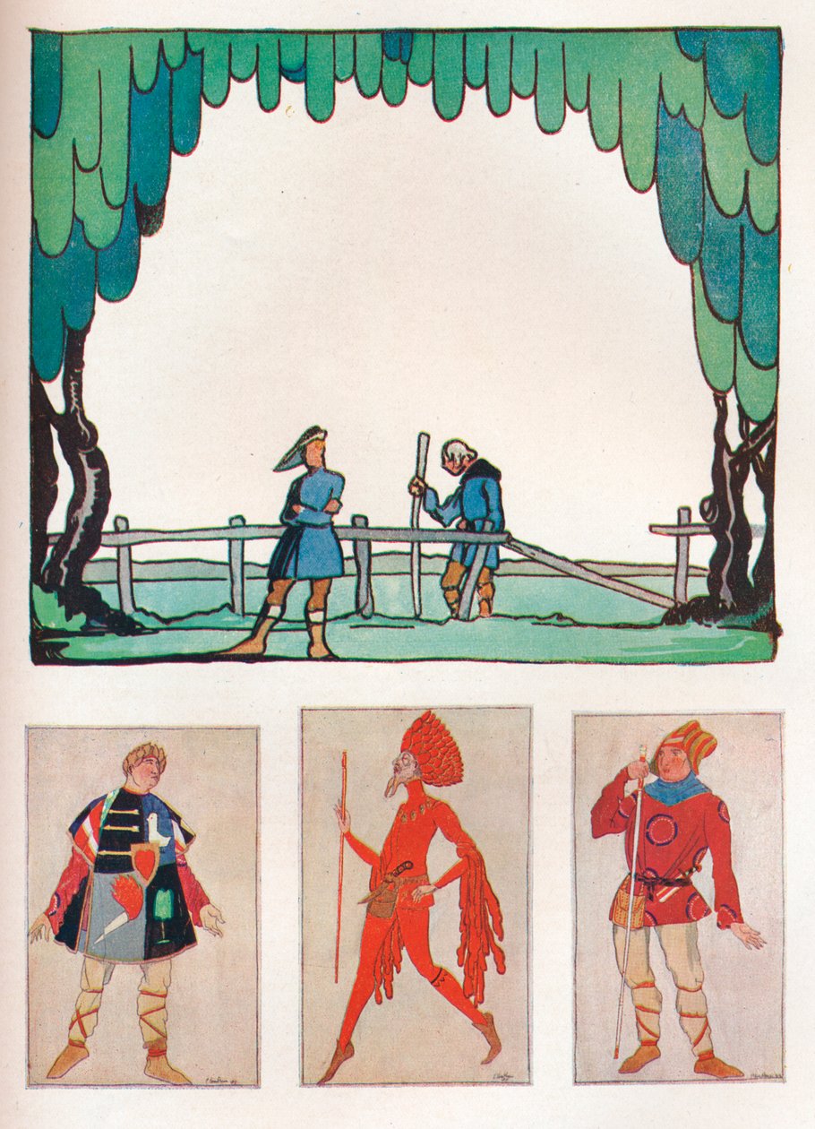 Scenérie pro Jak se vám líbí akt I, scéna I a kostýmy Amiens a Lebeau, 1919 od Claud Lovat Fraser