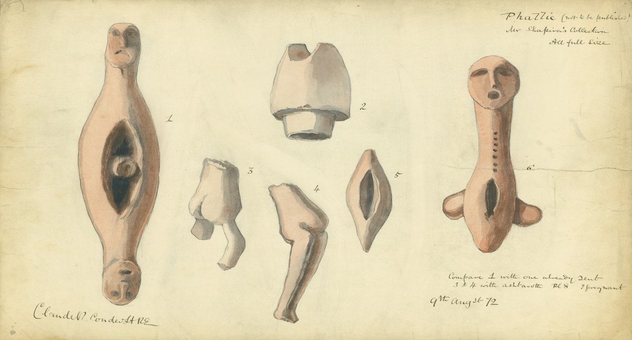 Falické emblémy ze sbírky pana Shapiry, 1872 (wc a tužka na papíře) od Claude Conder