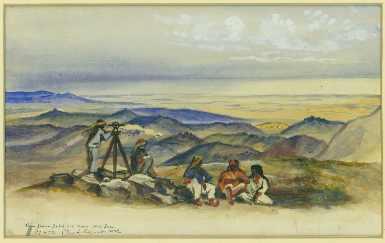 Pohled z Jebel Bir Asur k moři, 1872 (wc a tužka na papíře) od Claude Conder