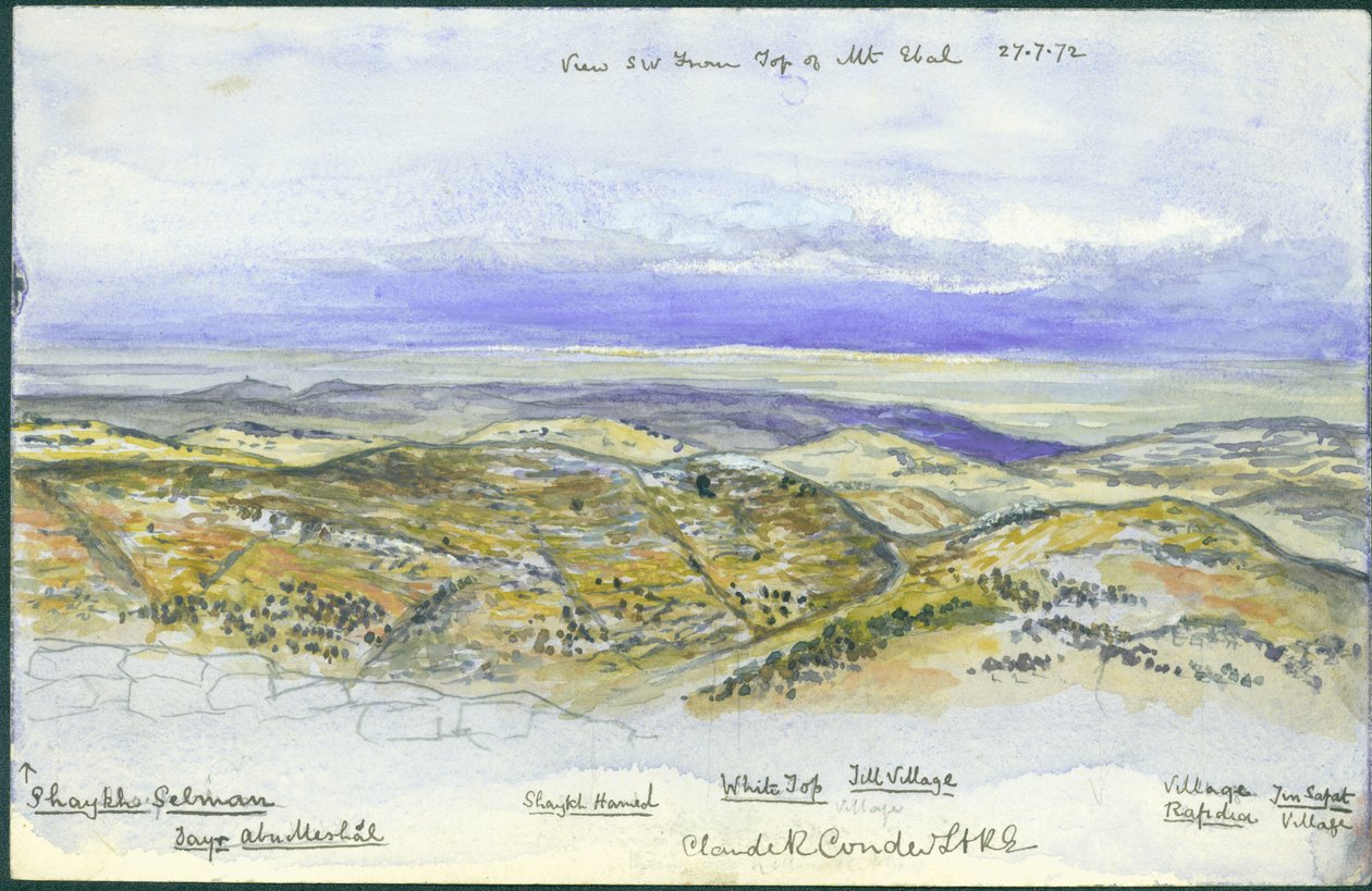 Pohled z jihozápadu z vrcholu hory Ebal, 1872 (wc a tužka na papíře) od Claude Conder