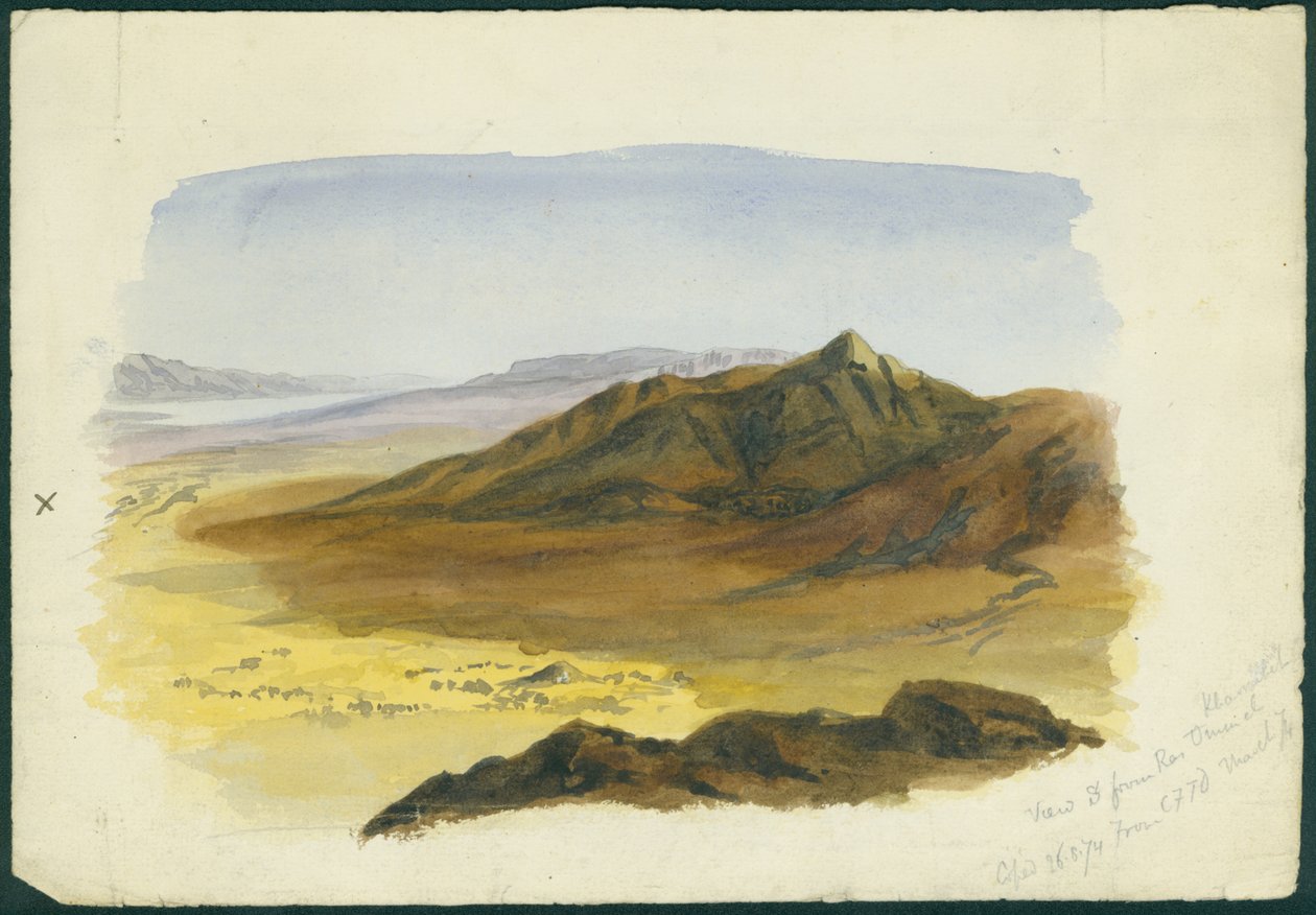 Pohled na údolí Jordánu při pohledu na jih, 1874 (wc a tužka na papíře) od Claude Conder