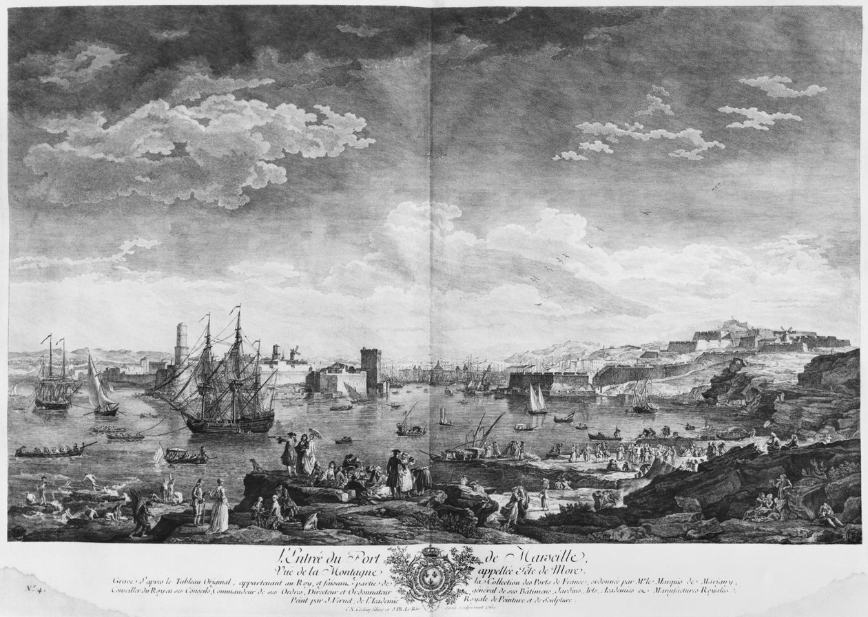 Vchod do přístavu Marseille, viděný z hory zvané Tete de More, série „Les Ports de France“, vyrytá Charlesem Nicolasem Cochinem mladším (1715-90) a Jacquesem Philippem Le Basem (17 od Claude Joseph Vernet