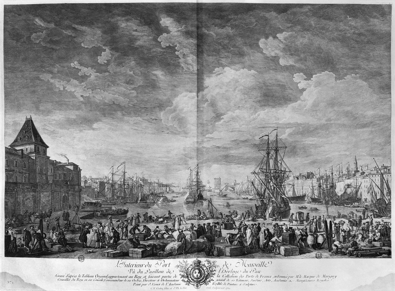 Vnitřní přístav Marseille, při pohledu z pavilonu Horloge du Parc, série „Les Ports de France“, vyrytý Charlesem Nicolasem Cochinem mladším (1715-90) a Jacquesem Philippem Le Basem (1707-83) od Claude Joseph Vernet