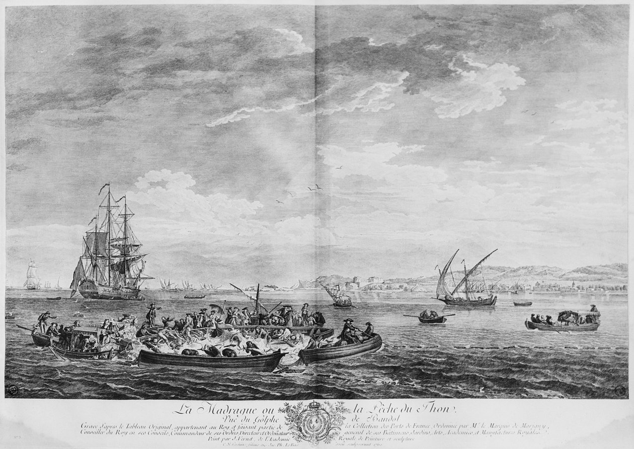 „La Madrague“ neboli lov tuňáků, pohled na záliv Bandol, série „Les Ports de France“, vyryl Charles Nicolas Cochin mladší (1715-90) a Jacques Philippe Le Bas (1707-83) 1762 (lept od Claude Joseph Vernet