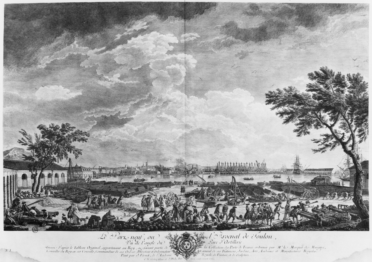 Nový přístav a arzenál Toulon, viděno z dělostřeleckého skladu, série „Les Ports de France“, vyryté Charlesem Nicolasem Cochinem mladším (1715-90) a Jacquesem Philippem Le Basem (1707-83) 1760 (atd. od Claude Joseph Vernet