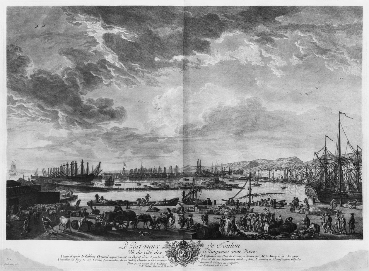 Starý přístav v Toulonu, viděno z proviantních obchodů, série „Les Ports de France“, vyryté Charlesem Nicolasem Cochinem mladším (1715-90) a Jacquesem Philippem Le Basem (1707-83) 1762 (viz také od Claude Joseph Vernet