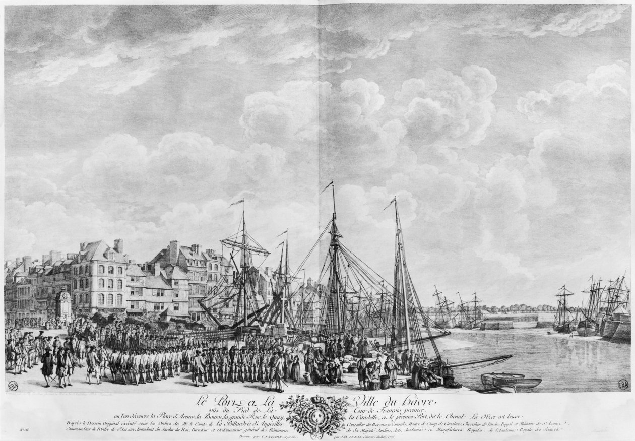 Přístav a město Le Havre, při pohledu z věže Francois I, série „Les Ports de France“, vyryté Charlesem Nicolasem Cochinem mladším (1715-90) a Jacquesem Philippem Le Basem (1707-83) 1762 (lept od Claude Joseph Vernet