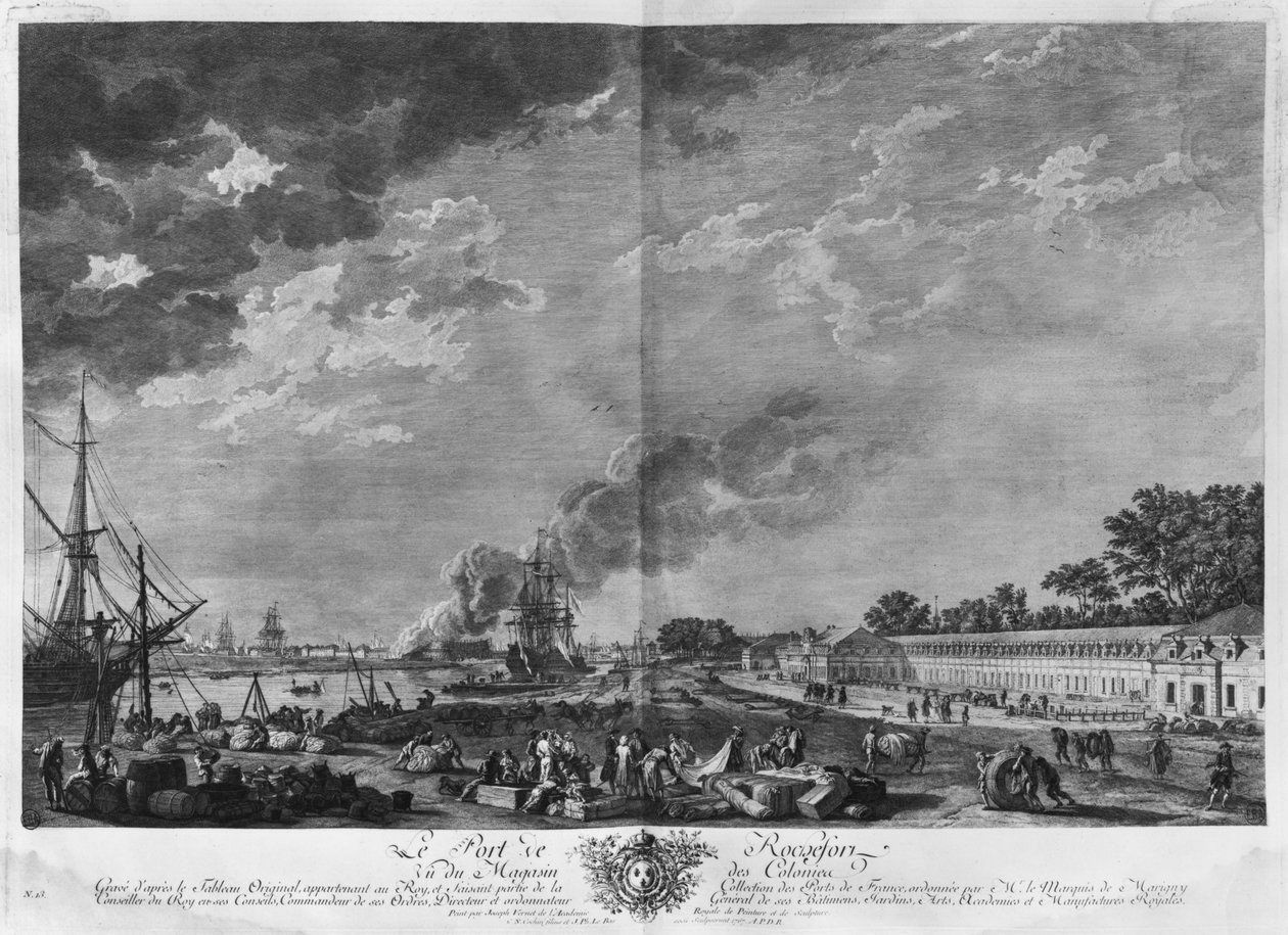 Přístav Rochefort, pohled ze skladu kolonií, série "Les Ports de France", rytina Charles Nicolas Cochin mladší (1715-90) a Jacques Philippe Le Bas (1707-83) 1767 (lept a břit) od Claude Joseph Vernet