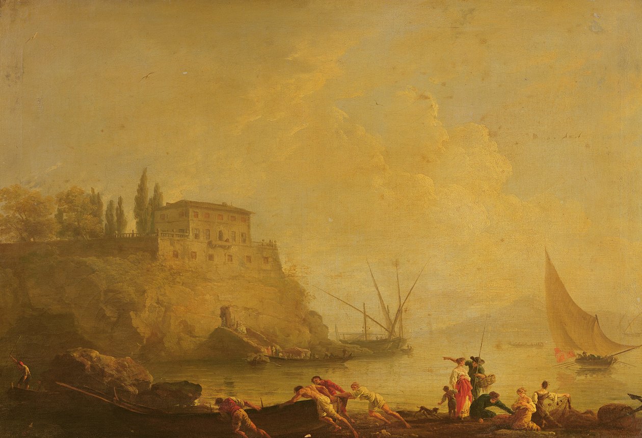 Přímořská krajina, západ slunce: rybáři tlačí loď od Claude Joseph Vernet