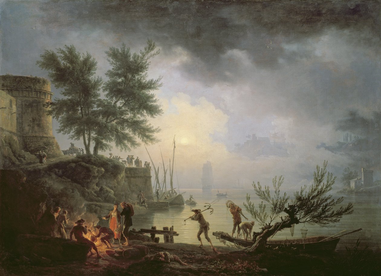Východ slunce, Pobřežní scéna s postavami kolem ohně, 1760 od Claude Joseph Vernet