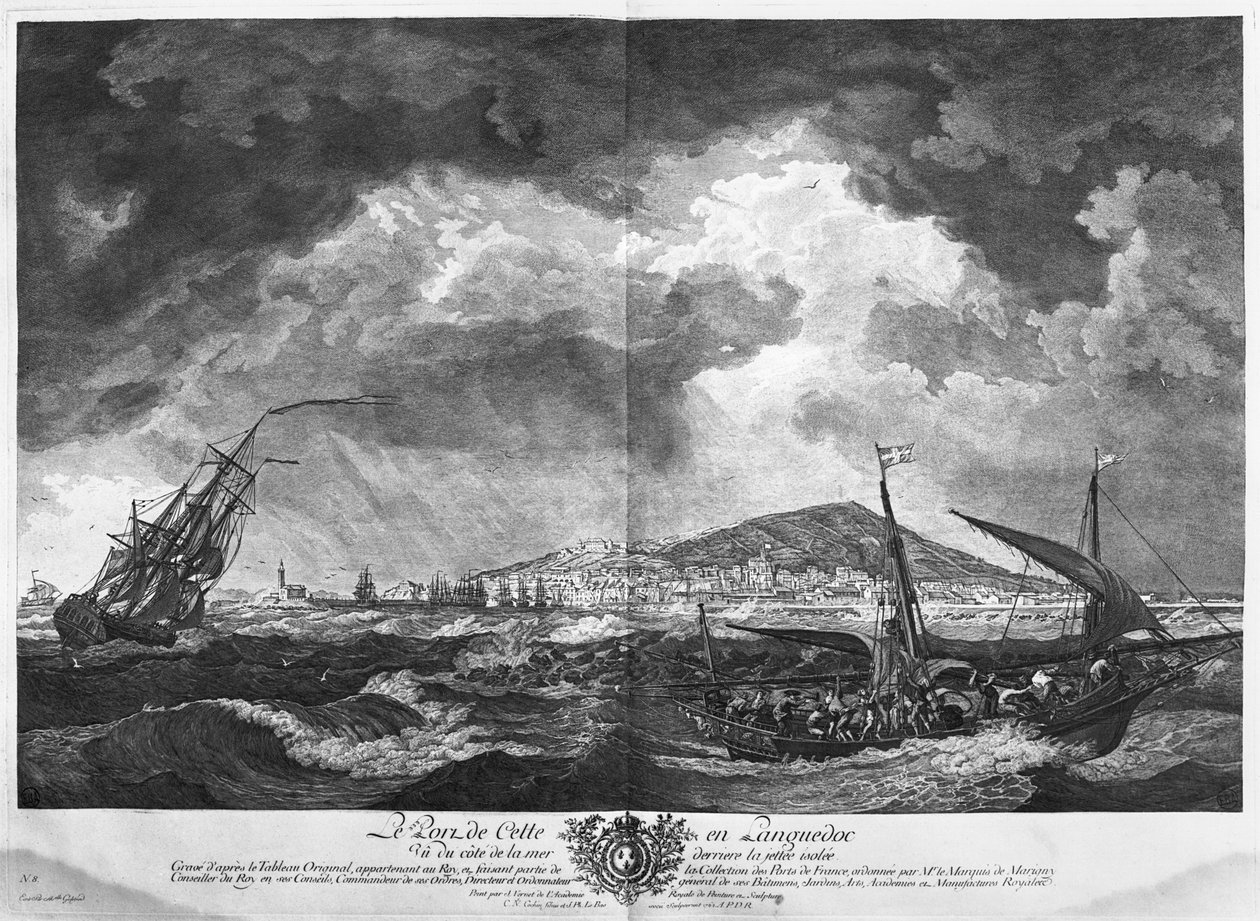 Přístav Cette v Languedocu viděný z moře za izolovaným molem, série „Les Ports de France“, vyrytá Charlesem Nicolasem Cochinem mladším (1715-90) a Jacquesem Philippem Le Basem (1707- od Claude Joseph Vernet