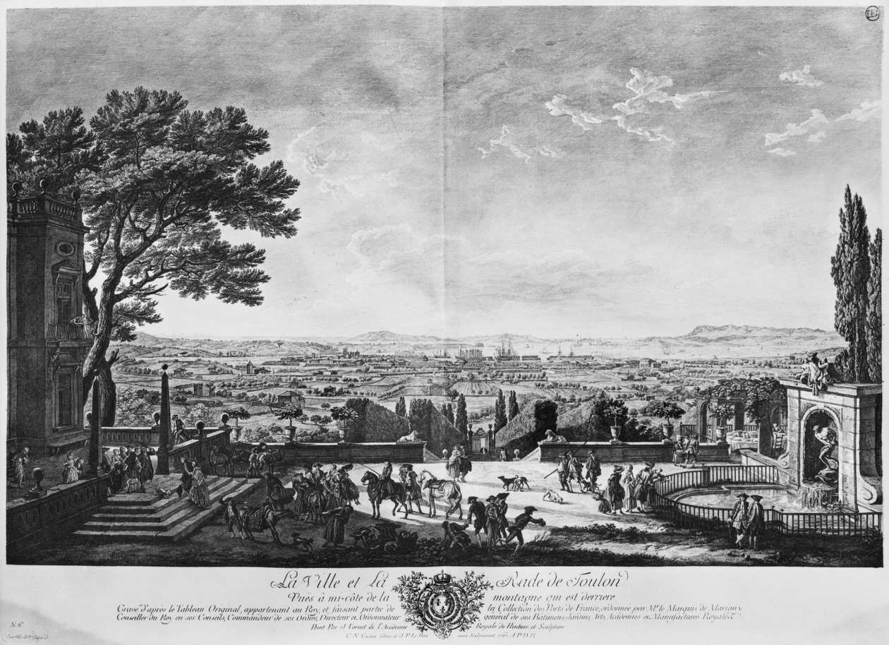 Město a přístav Toulon, při pohledu z poloviny dolů z hory, série „Les Ports de France“, vyryté Charlesem Nicolasem Cochinem mladším (1715-90) a Jacquesem Philippem Le Basem (1707-83) 176 od Claude Joseph Vernet