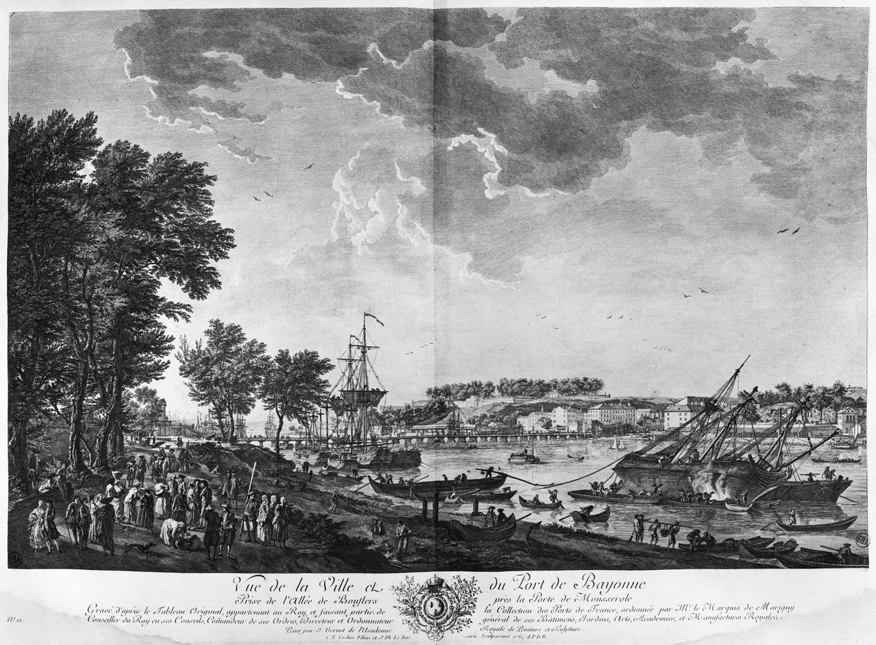 Pohled na město a přístav Bayonne z avenue Boulders poblíž brány Mousserole, série „Les Ports de France“, vyrytá Charlesem Nicolasem Cochinem mladším (1715-90) a Jacquesem od Claude Joseph Vernet