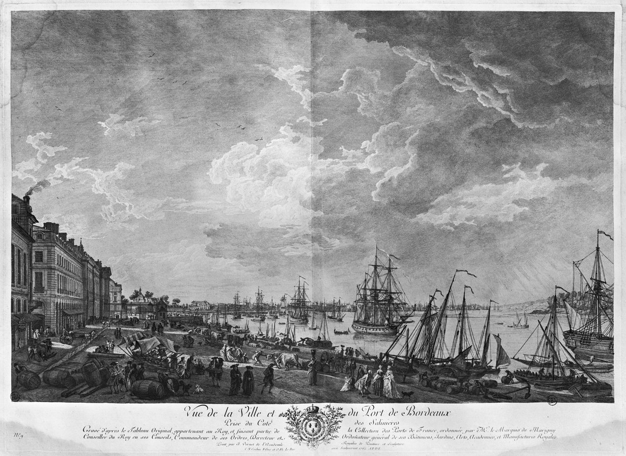 Pohled na město a přístav Bordeaux ze Salinières, série „Les Ports de France“, vyryté Charlesem Nicolasem Cochinem mladším (1715-90) a Jacquesem Philippem Le Basem (1707-83) 1762 (et. od Claude Joseph Vernet