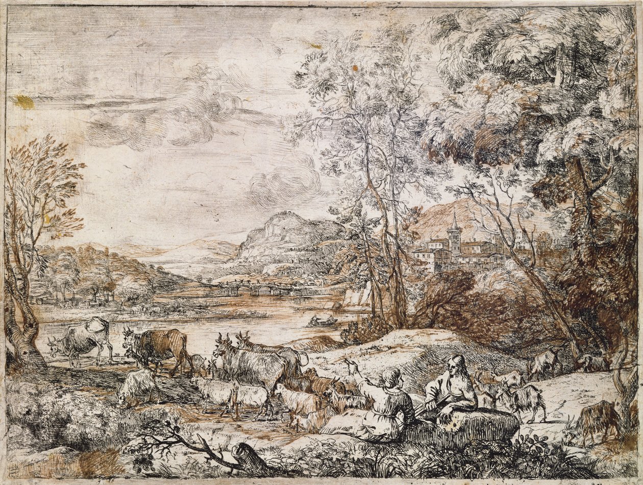 Rozhovor pastýře a pastýře (pero, inkoust a mytí na papíře) od Claude Lorrain