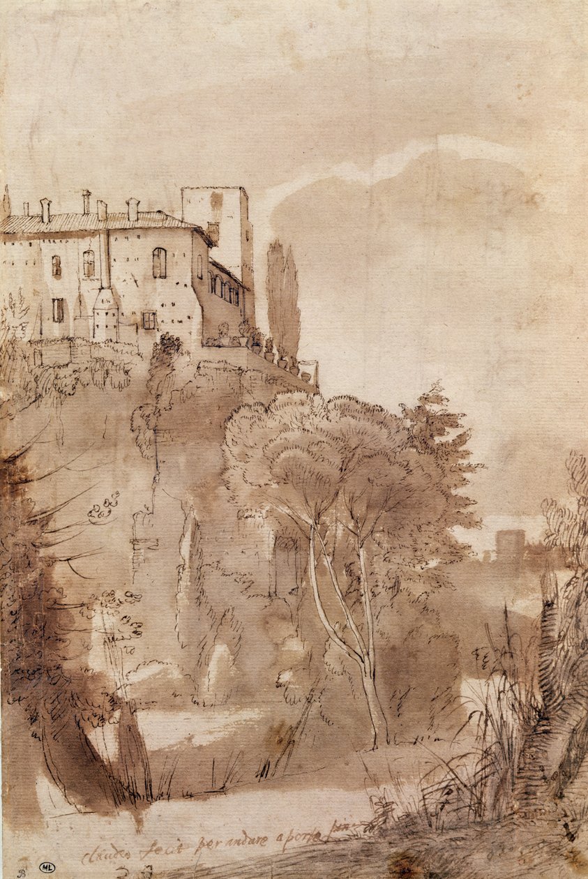 Cesta za hradbami Říma, kolem 1627-30 (pero a inkoust na papíře) od Claude Lorrain
