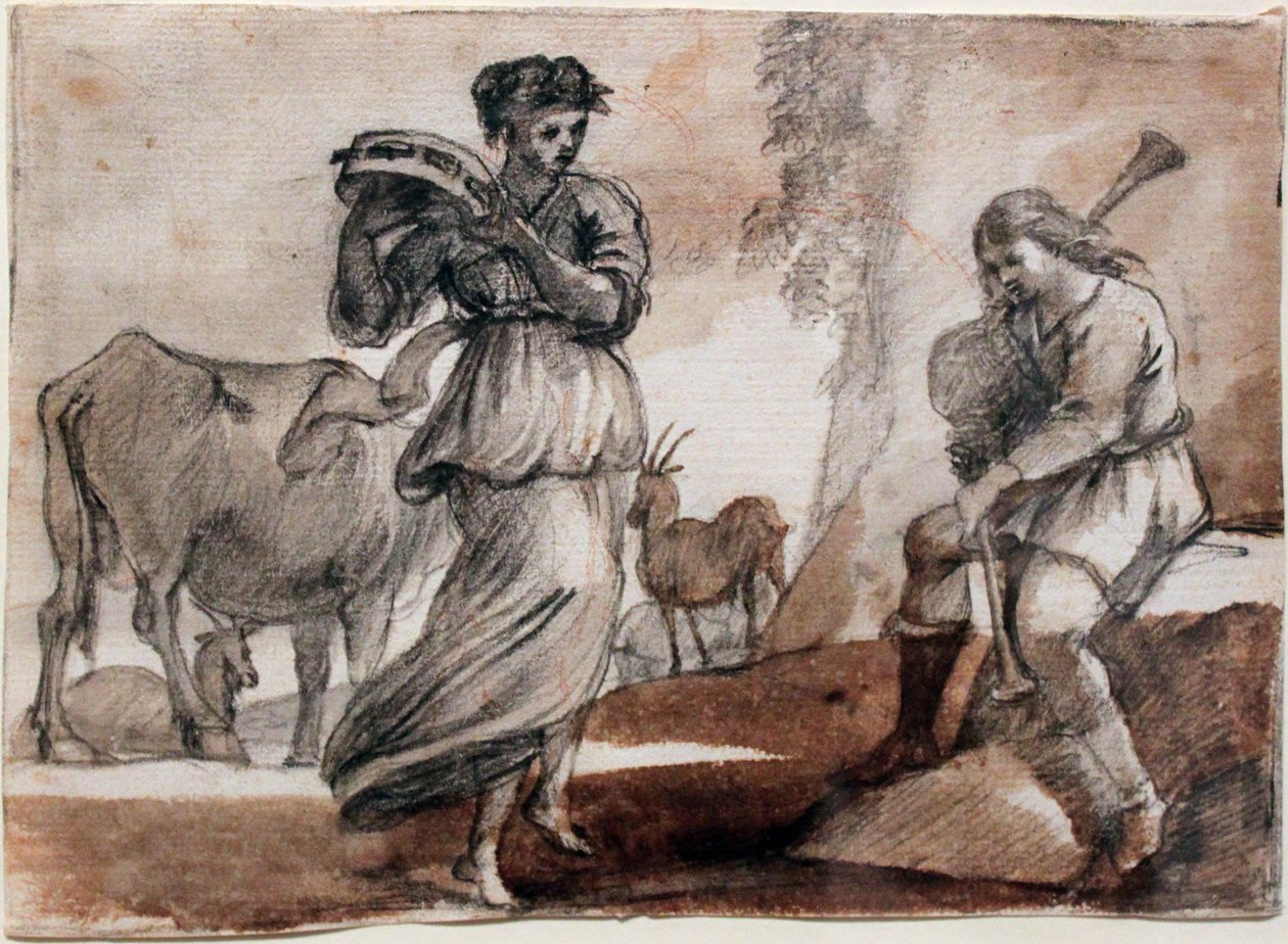 Tanečnice s tamburínou a dudákem od Claude Lorrain