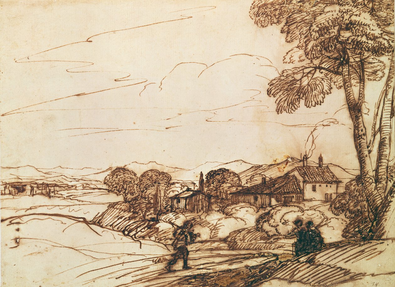 Krajina (pero a bistre a mytí na papíře) od Claude Lorrain