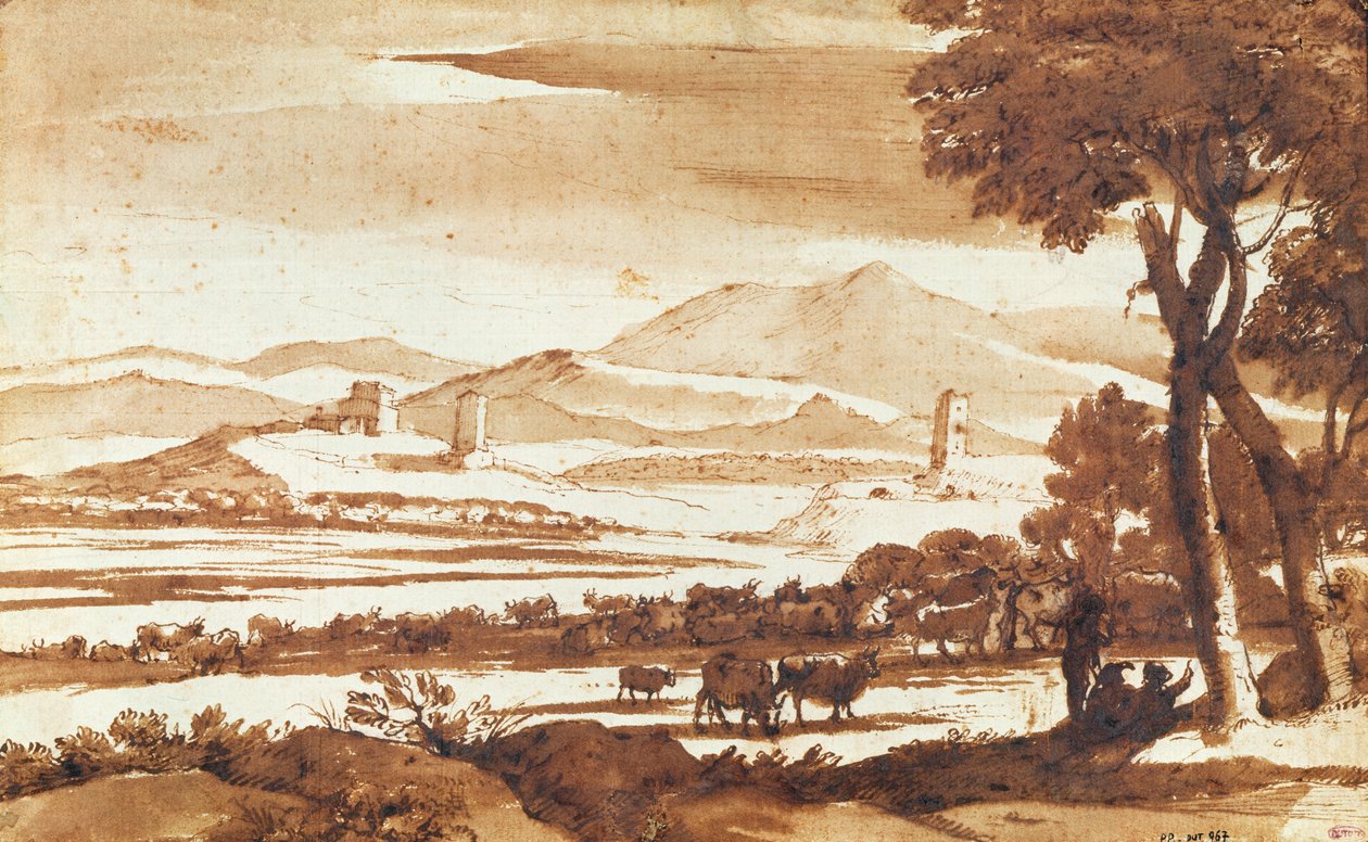 Krajina římského venkova, 1643 (pero a inkoust na papíře) od Claude Lorrain