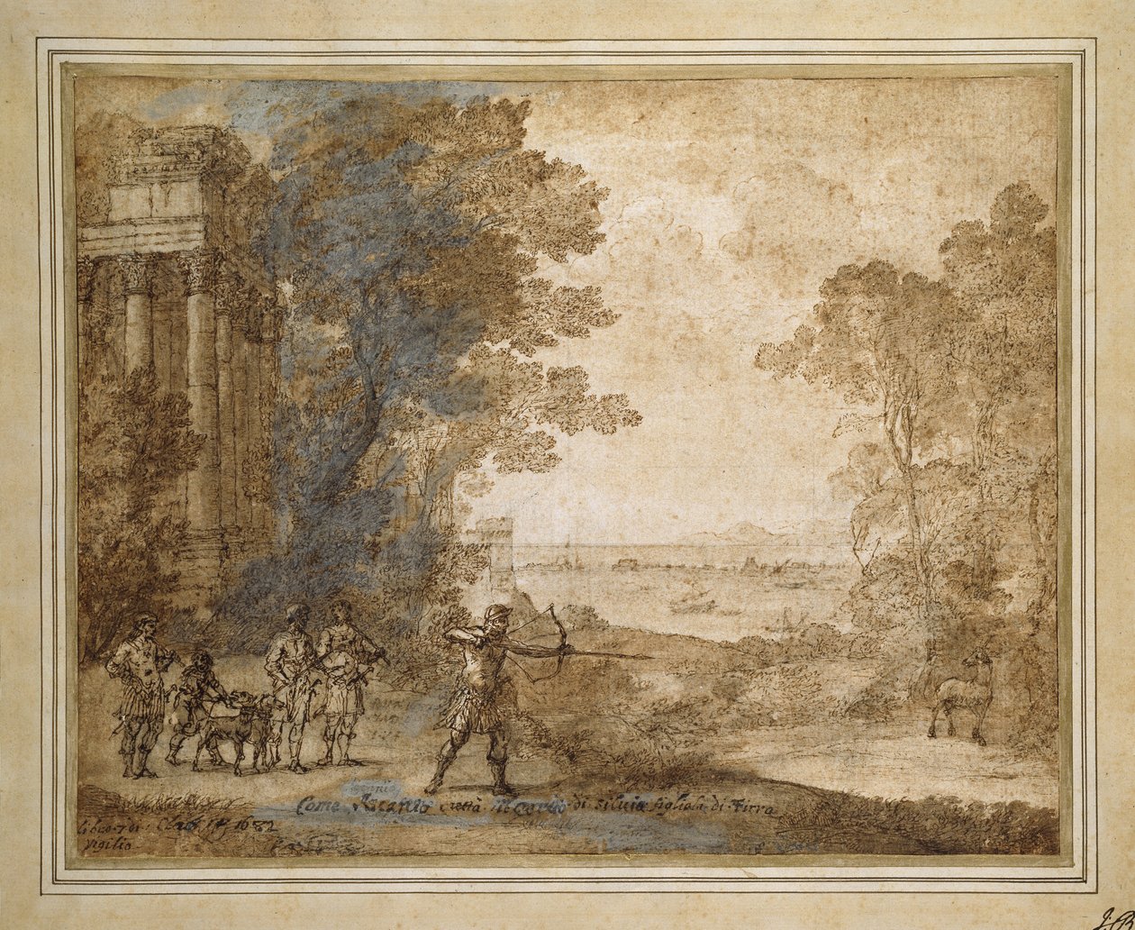 Krajina s Ascaniusem střílejícím na jelena Sylvie, 1680-82 (jemná černá křída s perem a hnědým inkoustem, hnědá barva a bílá barva těla) od Claude Lorrain