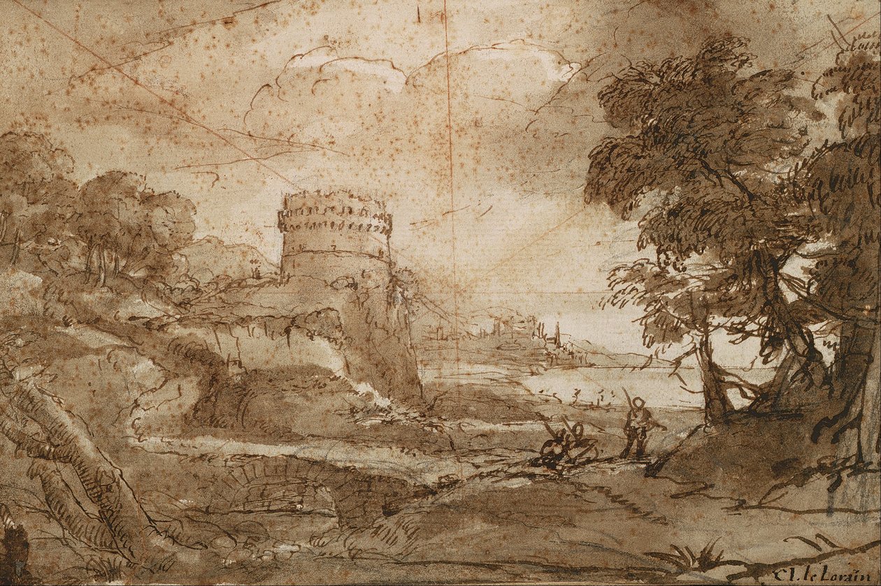 Krajina s kulatou věží a zálivem od Claude Lorrain