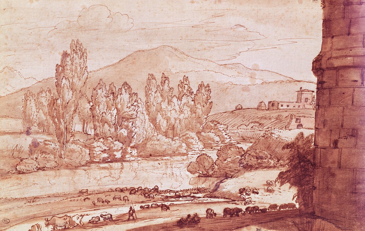 Krajina s řekou, stádem dobytka a pastevcem (ohrada, wc und bistre wash) od Claude Lorrain
