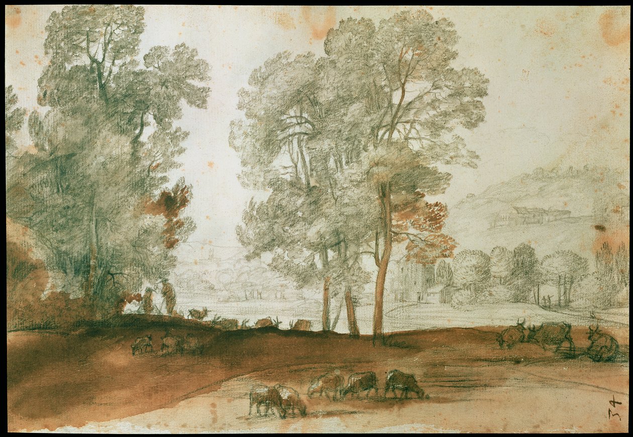 Pastorační krajina (černá křída a mytí na papíře) od Claude Lorrain
