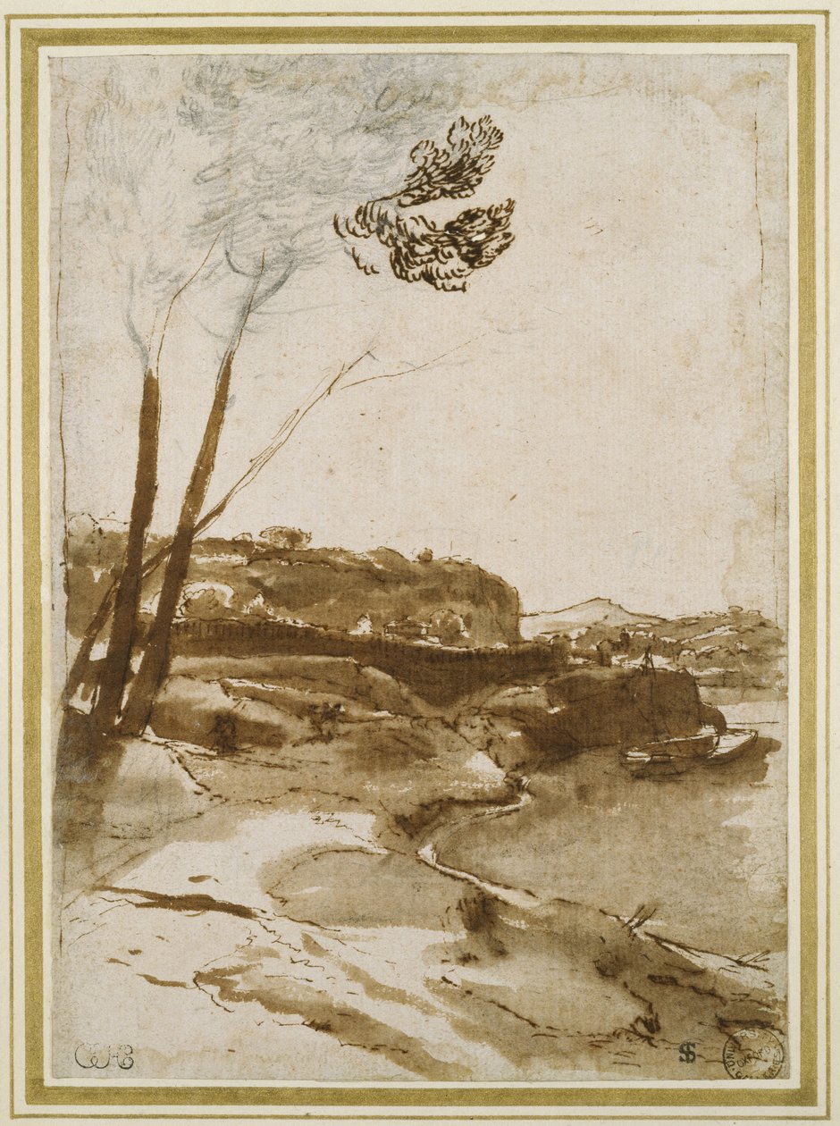 Cesta podél Tibery, kolem 1635-40 (černá křída s perem a hnědým inkoustem a hnědá barva na bílém papíře) od Claude Lorrain